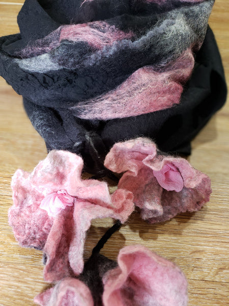 ROSES shawl, silk & merino wool, unique wearable art, evening outfit, lightweight scarf in black and pink.