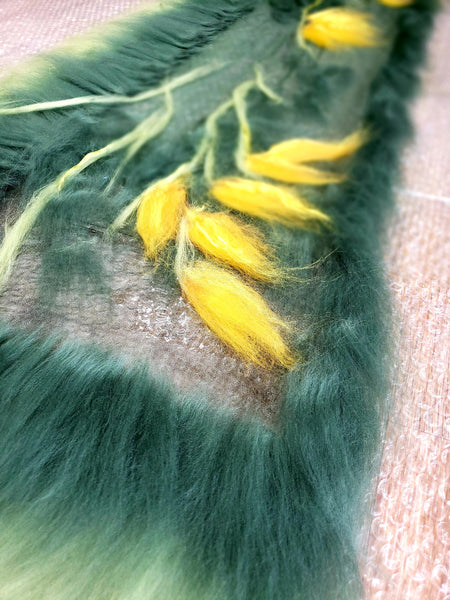 Cosy season Scarf with hanging kowhai yellow flower, wool & silk forest green, wearable art from New Zeakand