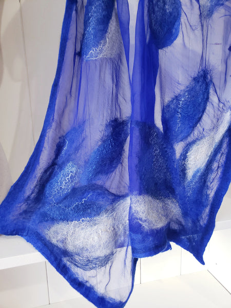 Royal blue scarf from merino wool and silk, lightweight soft gift, feather design, good with jacket, dress, shirt. Wearable art accessories