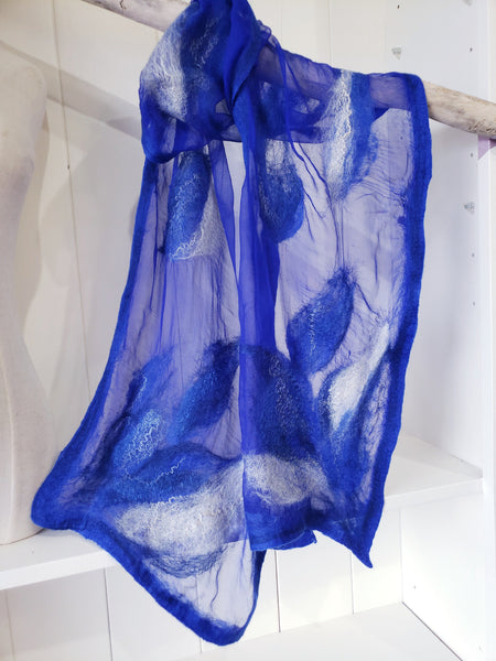Royal blue scarf from merino wool and silk, lightweight soft gift, feather design, good with jacket, dress, shirt. Wearable art accessories
