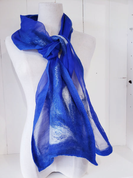 Royal blue scarf from merino wool and silk, lightweight soft gift, feather design, good with jacket, dress, shirt. Wearable art accessories