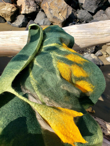 Cosy season Scarf with hanging kowhai yellow flower, wool & silk forest green, wearable art from New Zeakand