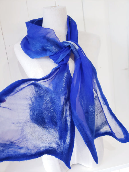 Royal blue scarf from merino wool and silk, lightweight soft gift, feather design, good with jacket, dress, shirt. Wearable art accessories