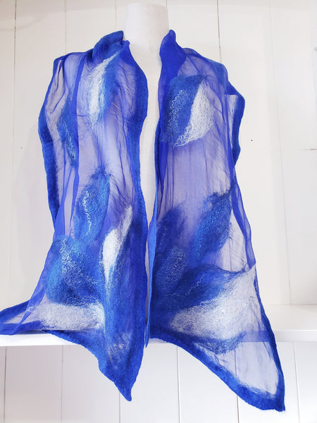Royal blue scarf from merino wool and silk, lightweight soft gift, feather design, good with jacket, dress, shirt. Wearable art accessories