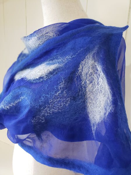 Royal blue scarf from merino wool and silk, lightweight soft gift, feather design, good with jacket, dress, shirt. Wearable art accessories