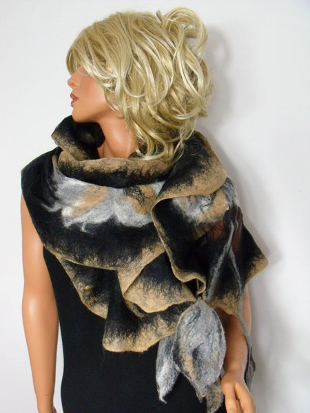 Unique scarf beige, gray and black, decorated with superfine merino wool and silk. Hand Made in New Zealand, Soft, Warm, Light all in one