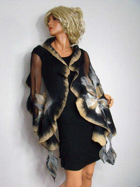 Unique scarf beige, gray and black, decorated with superfine merino wool and silk. Hand Made in New Zealand, Soft, Warm, Light all in one