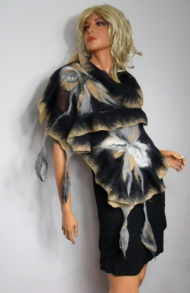 Unique scarf beige, gray and black, decorated with superfine merino wool and silk. Hand Made in New Zealand, Soft, Warm, Light all in one