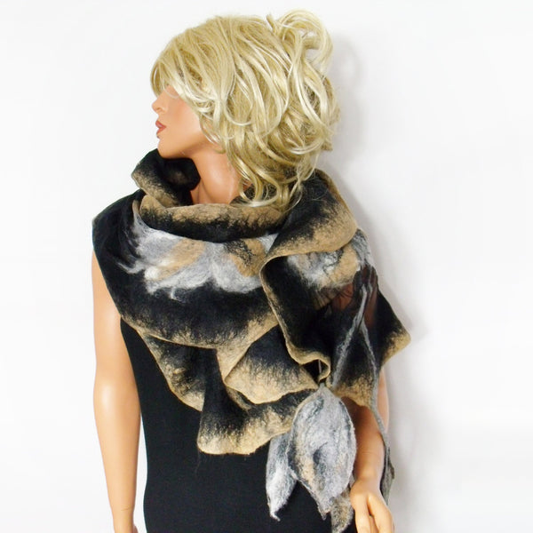 Unique scarf beige, gray and black, decorated with superfine merino wool and silk. Hand Made in New Zealand, Soft, Warm, Light all in one