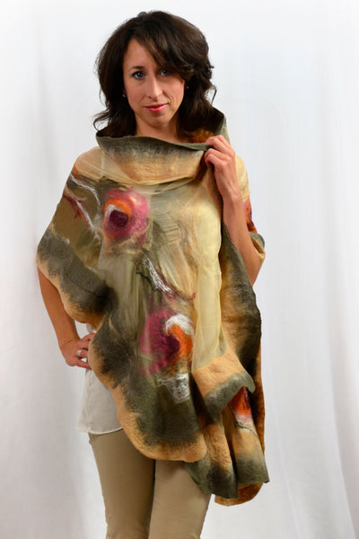 Large khaki, beige shawl | Nuno felted clothes | Unique design for dresses party, wedding or walking | silk + Australian merino wool