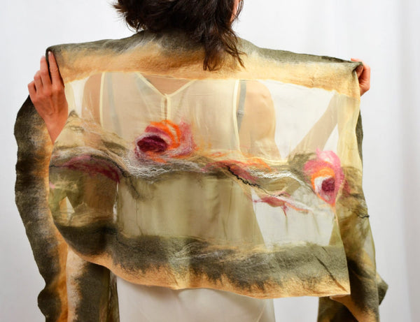 Large khaki, beige shawl | Nuno felted clothes | Unique design for dresses party, wedding or walking | silk + Australian merino wool