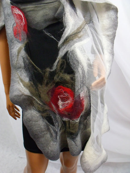 Shawl for Elegant Ladies, Beautiful scarf, nuno felted, silk & wool, gift, fibre art, wearable art, versatile, goes well with dress, coat